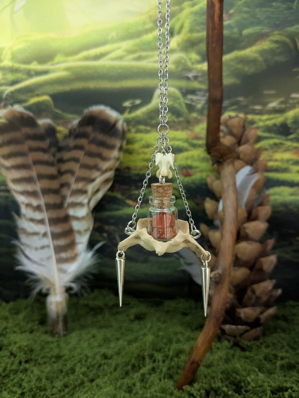 Collier en bassin de ragondin et vertèbre d'oiseau ornementé d'une fiole